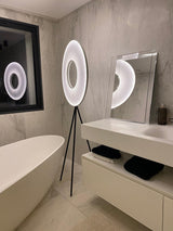 Modern Iris LED Floor Lamp with White Fabric Shade and Adjustable Color Temperatures