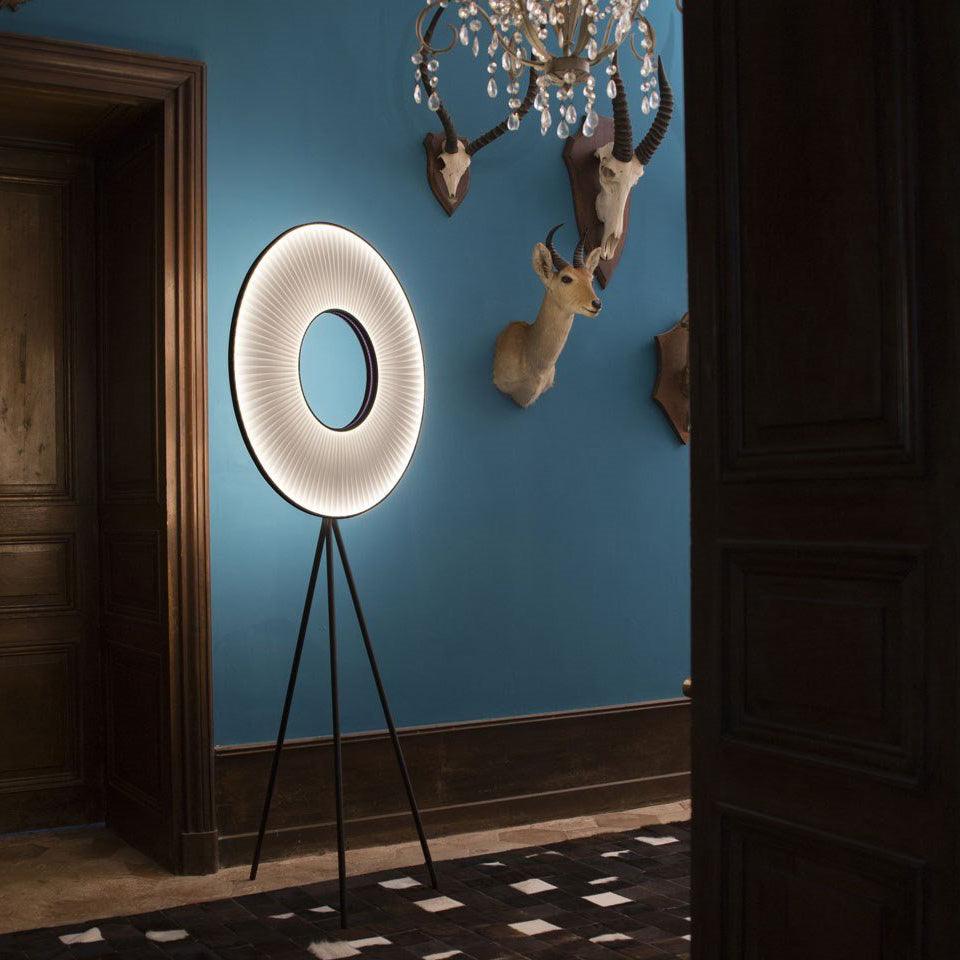 Modern Iris LED Floor Lamp with White Fabric Shade and Adjustable Color Temperatures