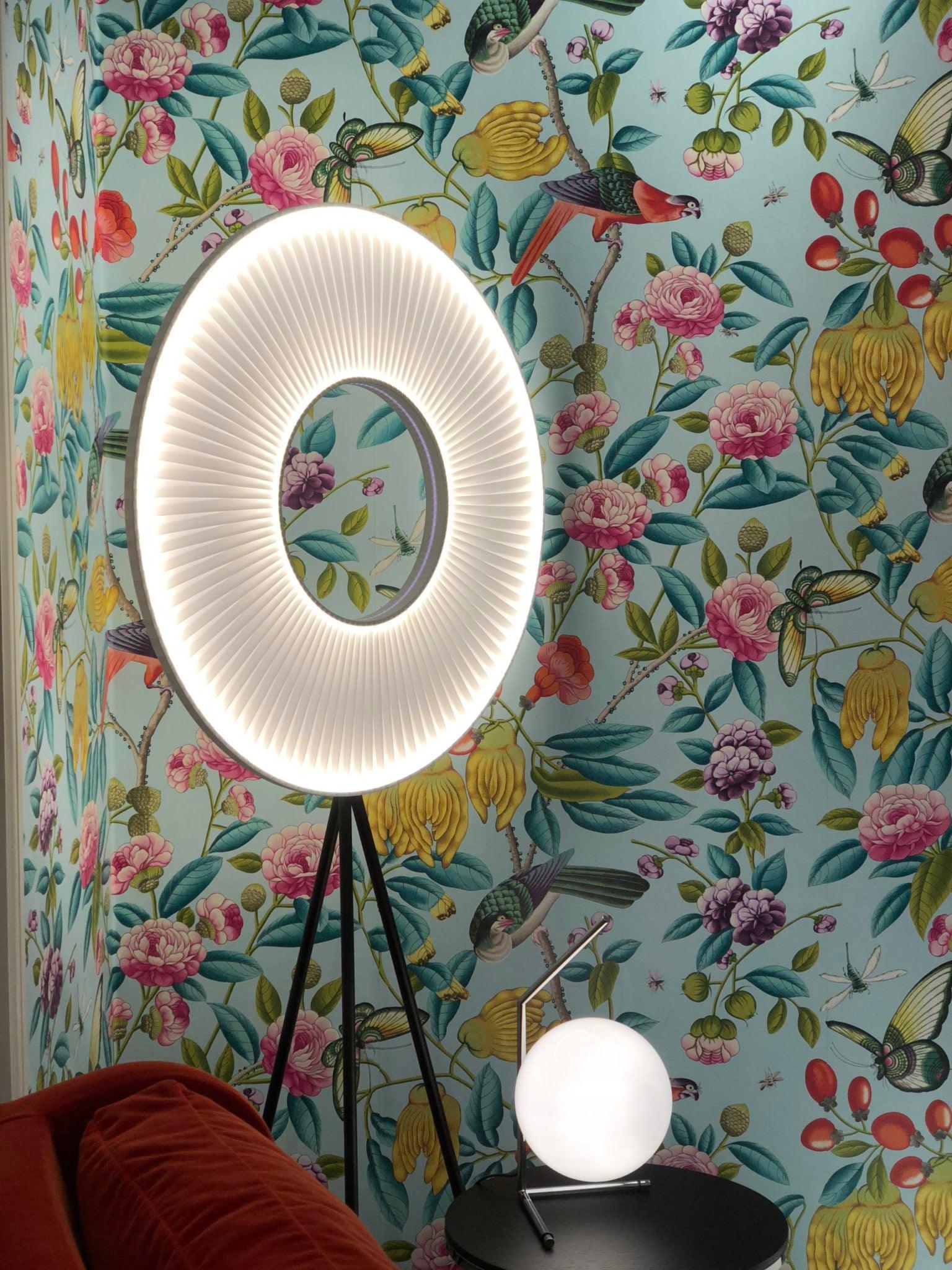 Modern Iris LED Floor Lamp with White Fabric Shade and Adjustable Color Temperatures