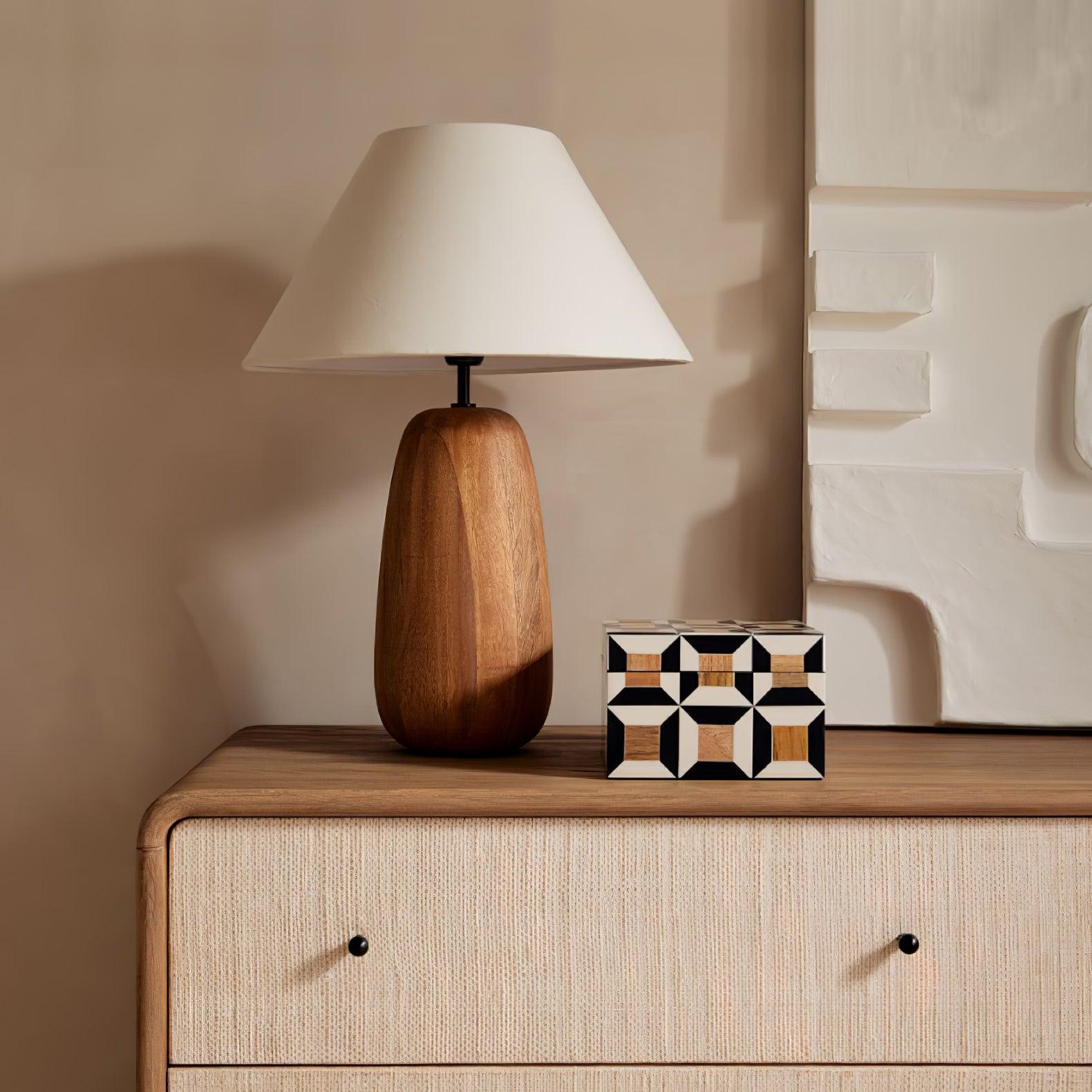 Natural Wood Task Lamp with White Fabric Shade for Bedside and Desk Irving