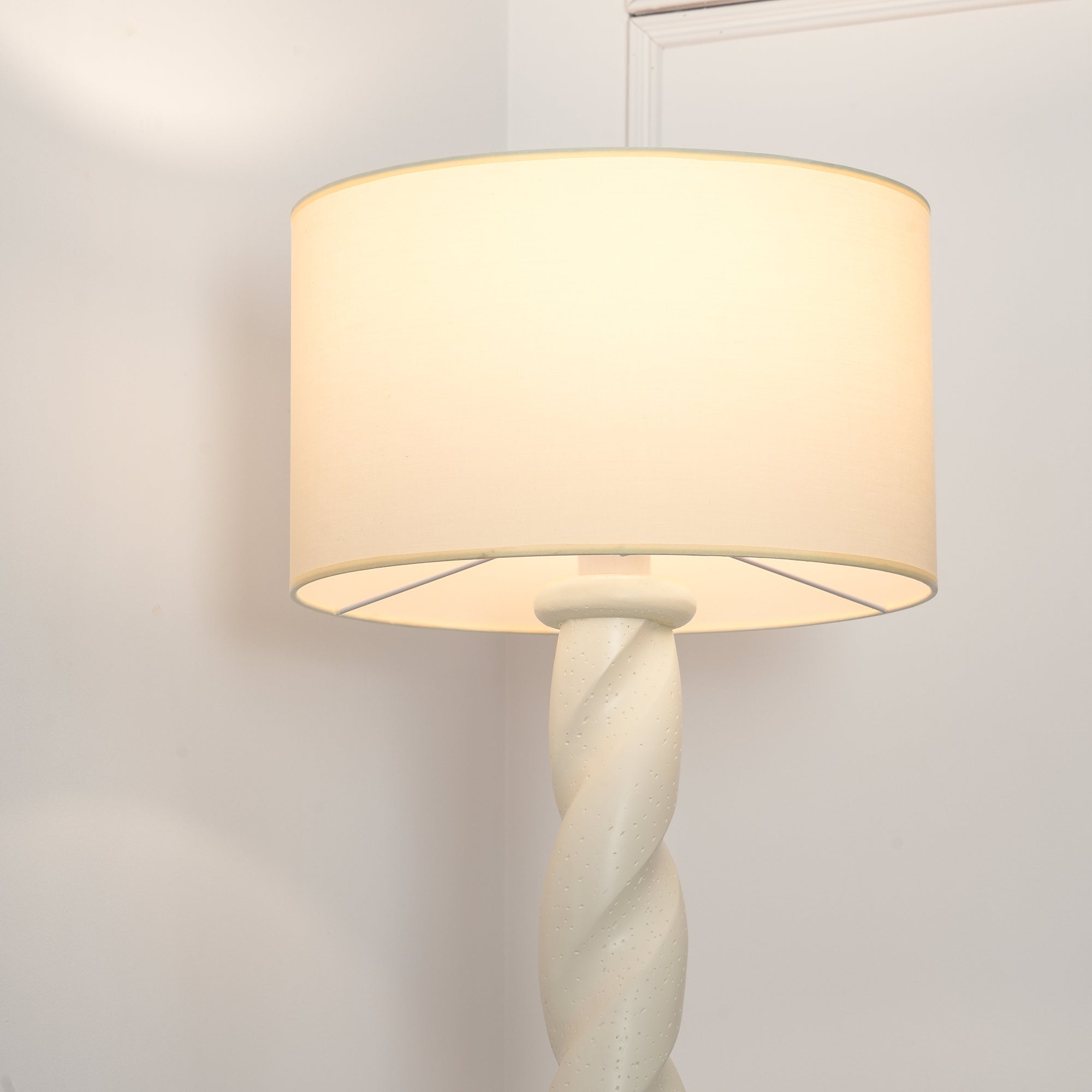 Modern Sculptural Twisted Resin Floor Lamp with White Fabric Drum Shade