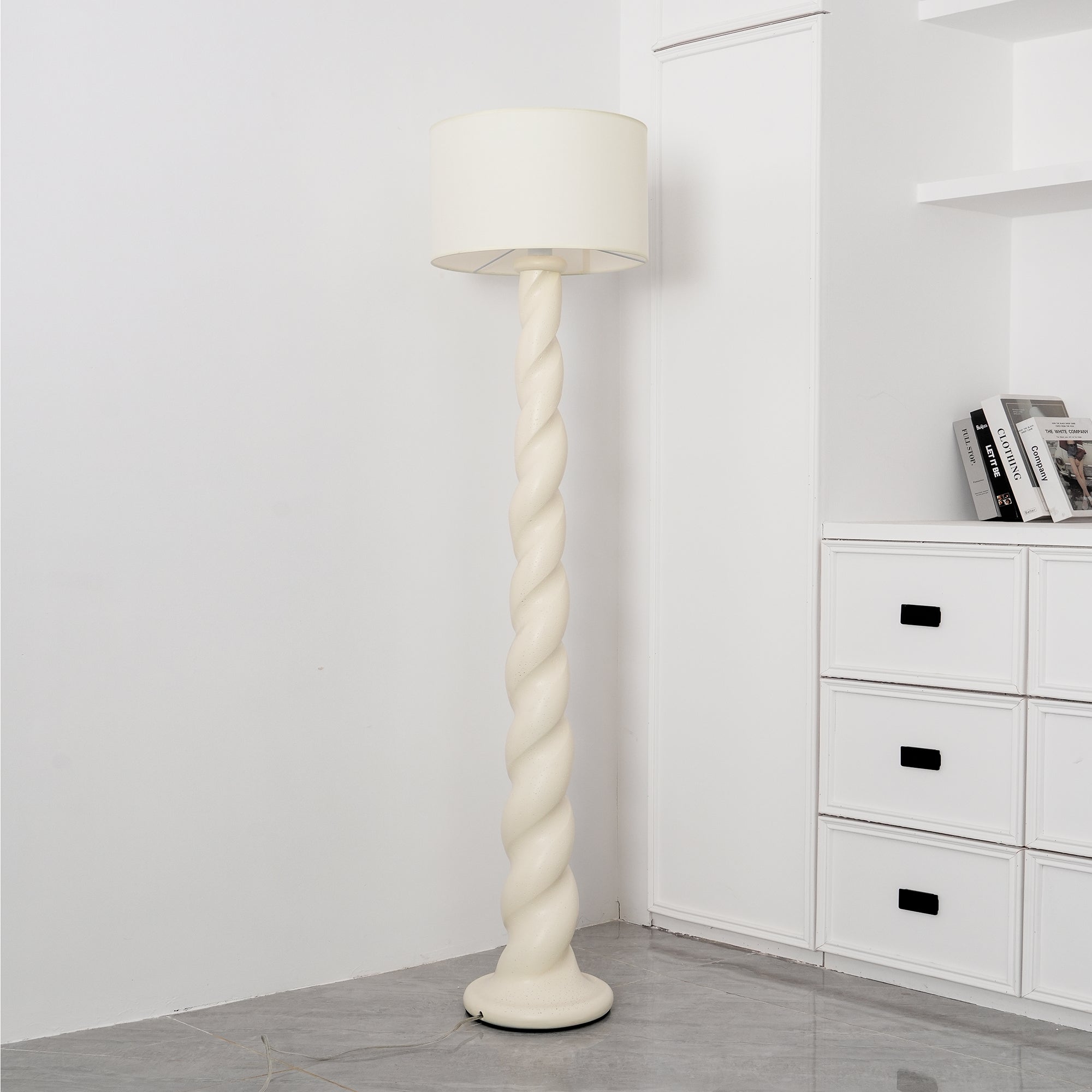 Modern Sculptural Twisted Resin Floor Lamp with White Fabric Drum Shade