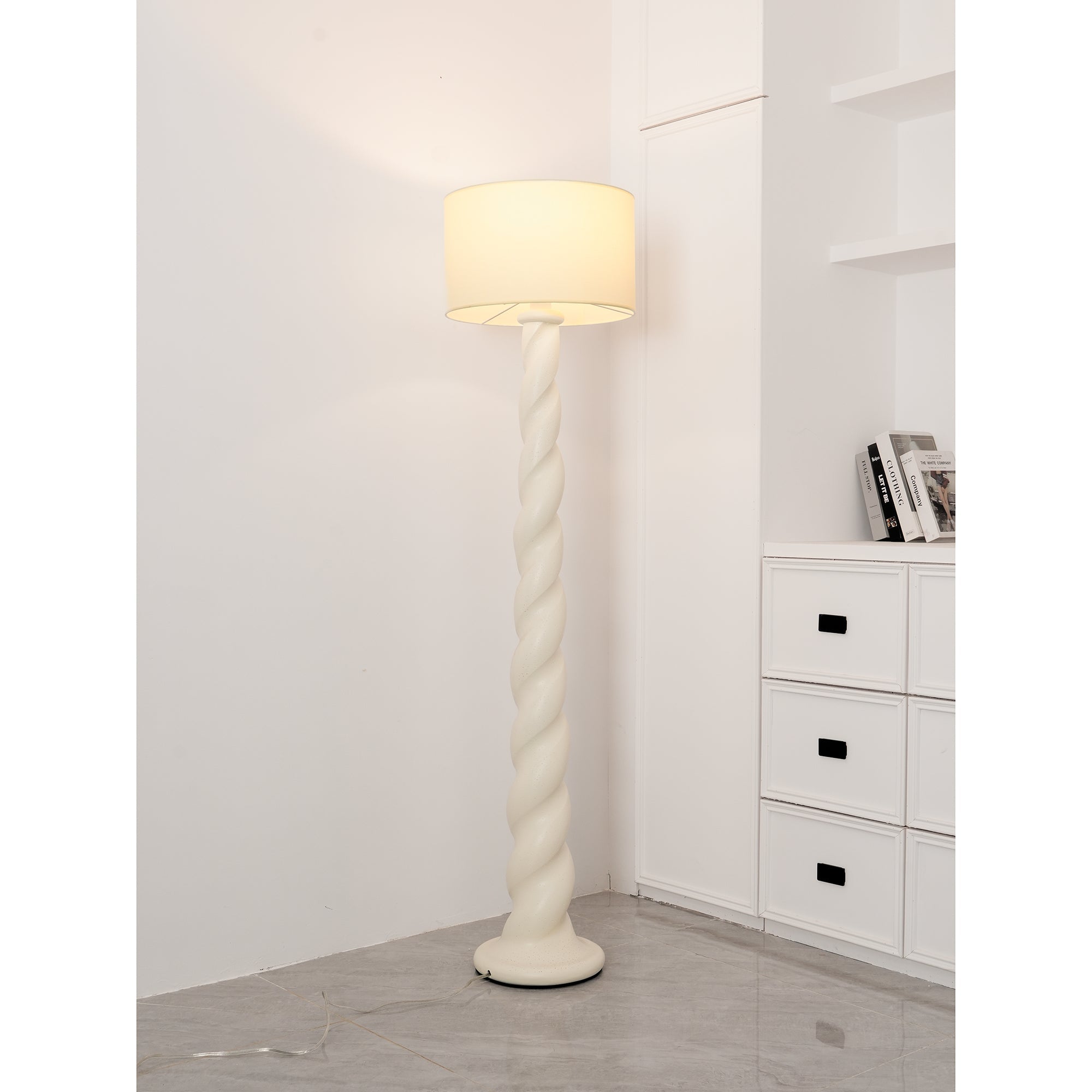 Modern Sculptural Twisted Resin Floor Lamp with White Fabric Drum Shade