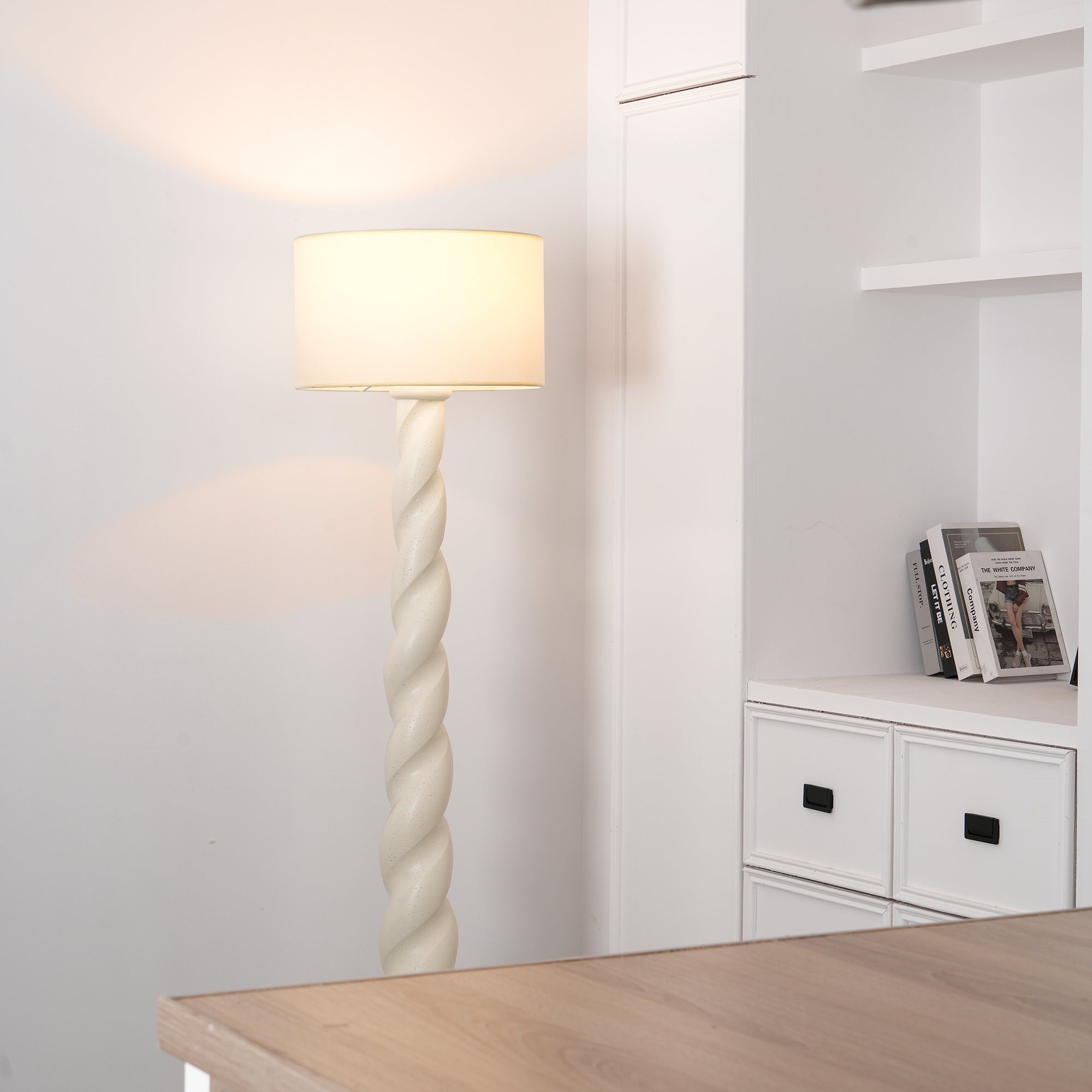 Modern Sculptural Twisted Resin Floor Lamp with White Fabric Drum Shade