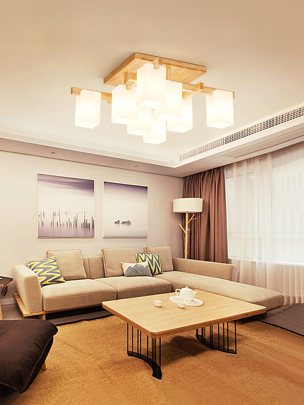 modern-japanese-square-wood-ceiling-light-fixture-with-glass-shades-for-living-room