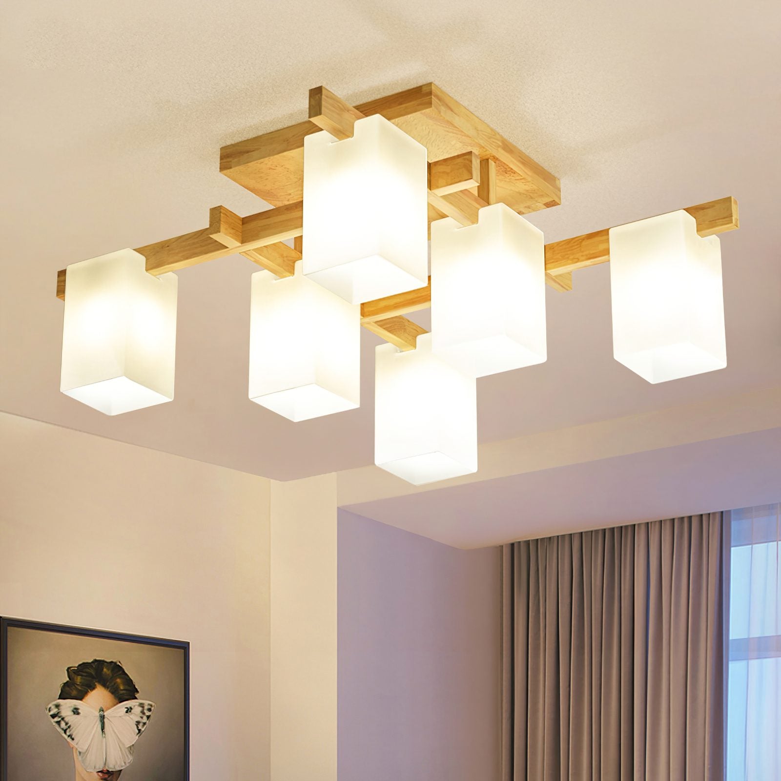 modern-japanese-square-wood-ceiling-light-fixture-with-glass-shades-for-living-room
