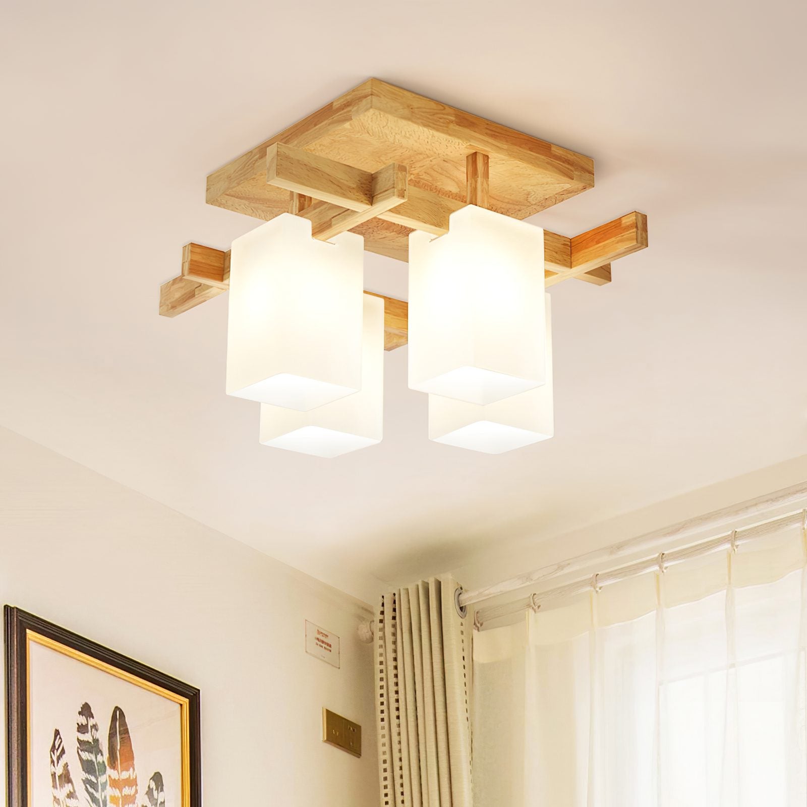 modern-japanese-square-wood-ceiling-light-fixture-with-glass-shades-for-living-room