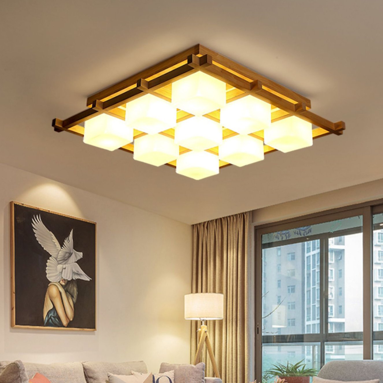 traditional-japanese-style-lattice-wood-ceiling-lamp-with-frosted-glass-shades