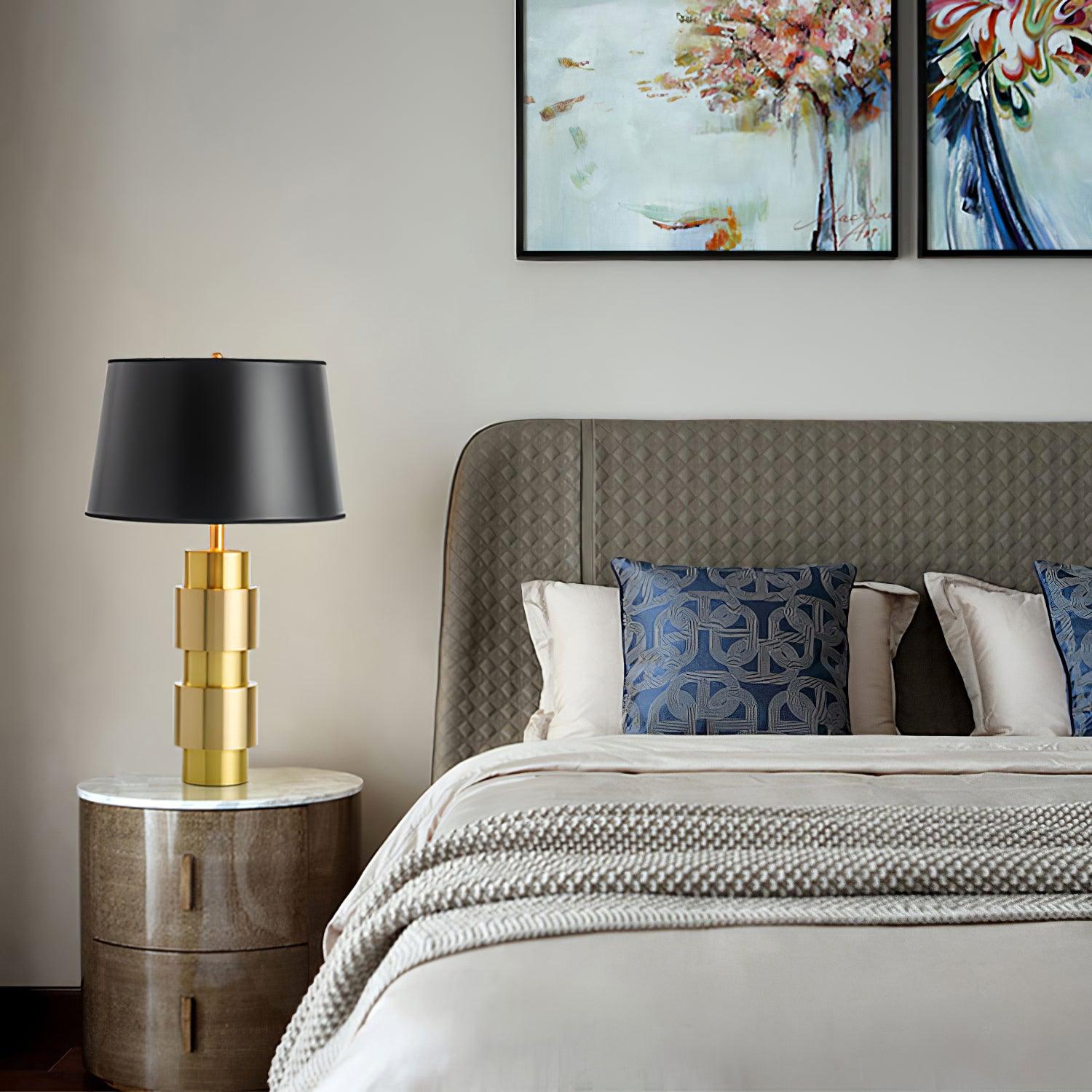Luxury Gold Cylinder Table Lamp with Black Linen Drum Shade for Modern Decor