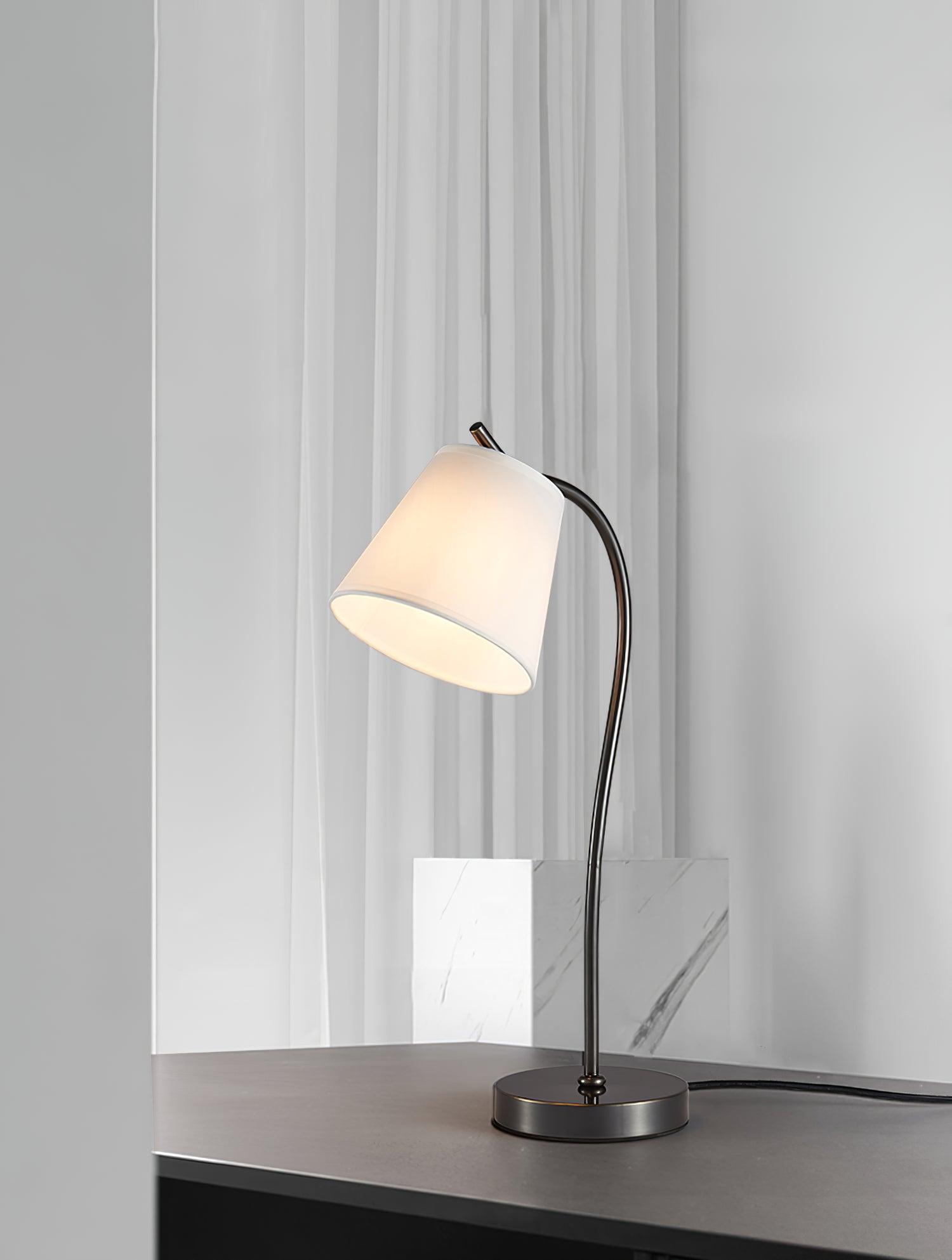 Modern Brass and Black Table Lamp with White Fabric Shade for Bedside Table