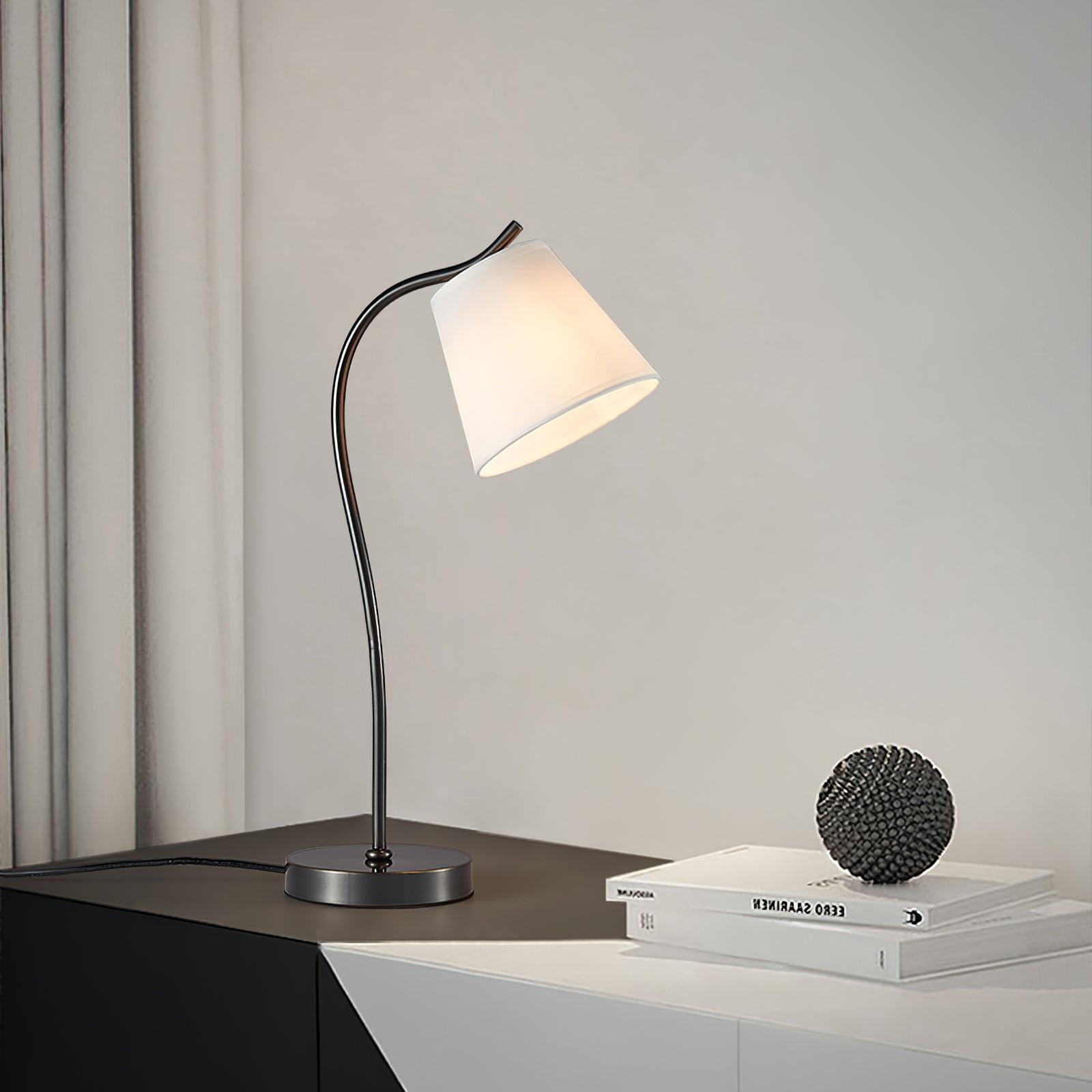 Modern Brass and Black Table Lamp with White Fabric Shade for Bedside Table