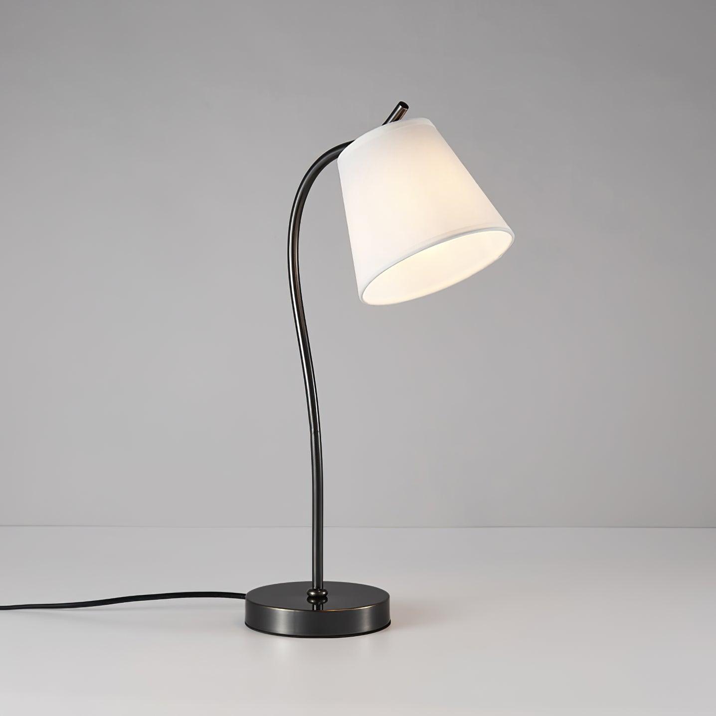 Modern Brass and Black Table Lamp with White Fabric Shade for Bedside Table