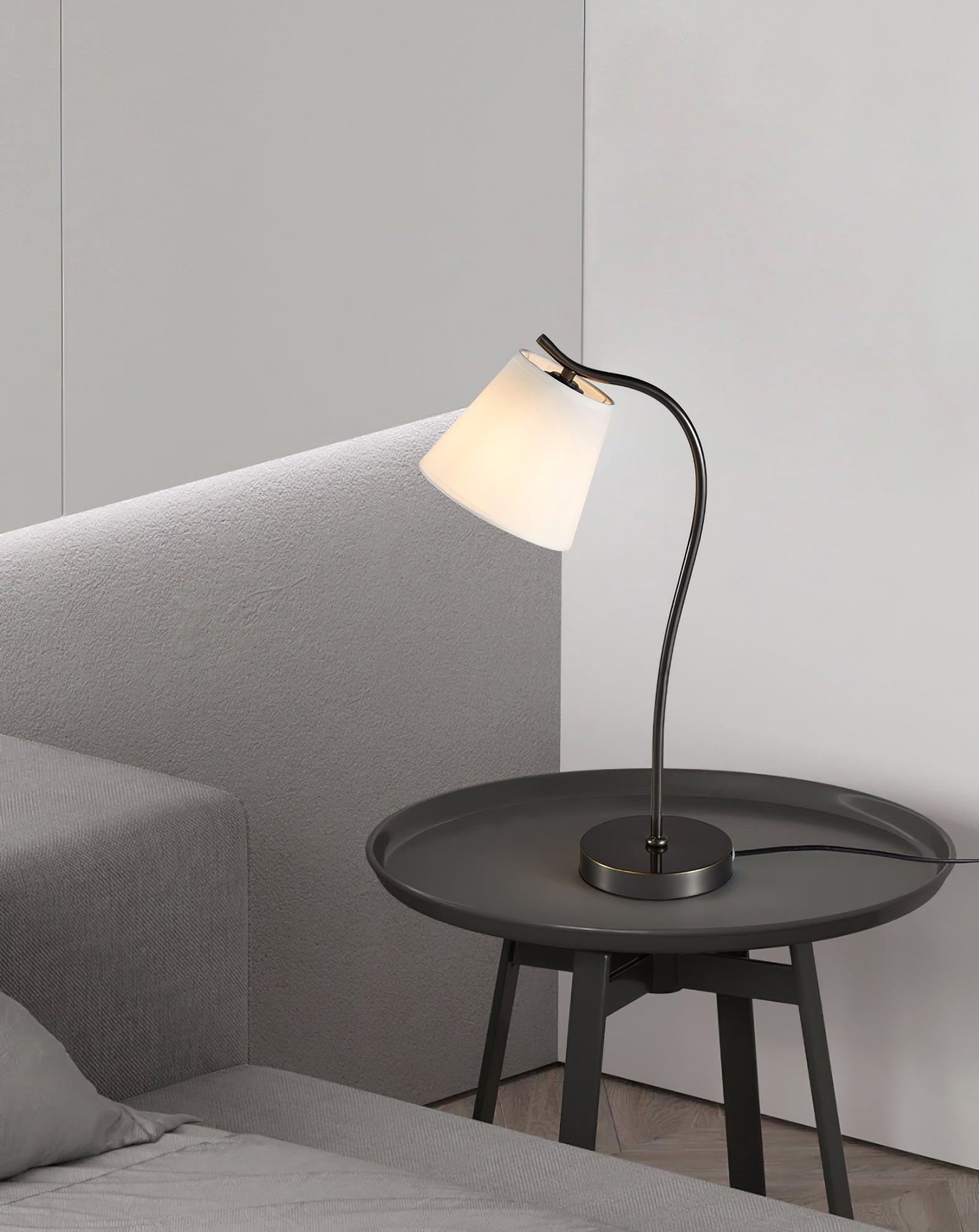 Modern Brass and Black Table Lamp with White Fabric Shade for Bedside Table
