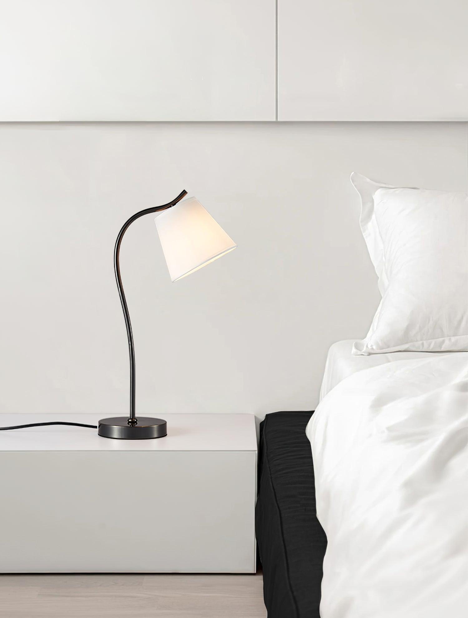 Modern Brass and Black Table Lamp with White Fabric Shade for Bedside Table