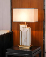 Elegant White Alabaster Table Lamp with Polished Gold Metal Finish and Fabric Shade