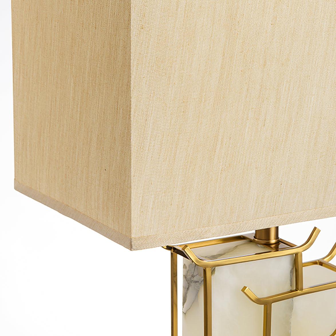 Elegant White Alabaster Table Lamp with Polished Gold Metal Finish and Fabric Shade