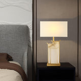 Elegant White Alabaster Table Lamp with Polished Gold Metal Finish and Fabric Shade