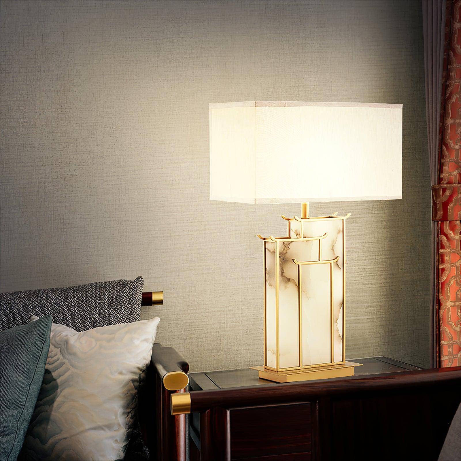 Elegant White Alabaster Table Lamp with Polished Gold Metal Finish and Fabric Shade