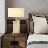 Elegant White Alabaster Table Lamp with Polished Gold Metal Finish and Fabric Shade