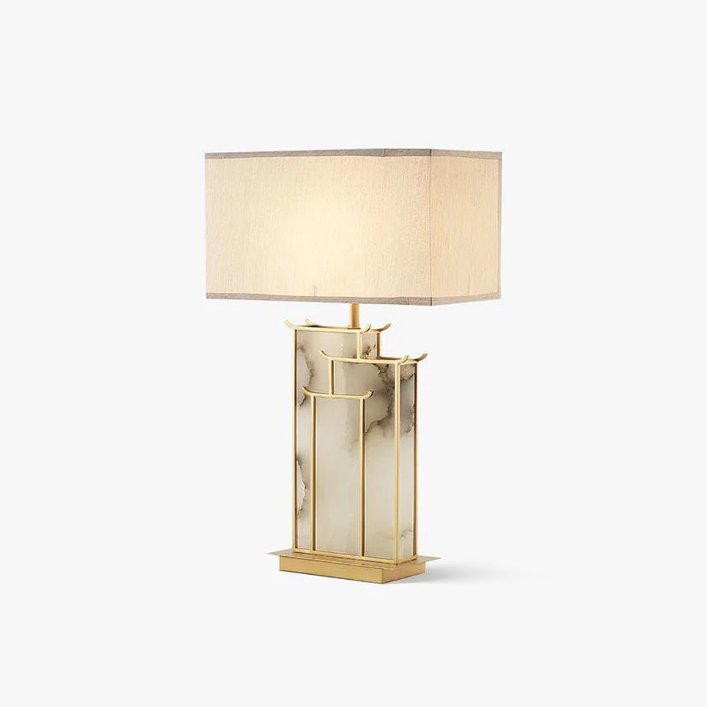 Elegant White Alabaster Table Lamp with Polished Gold Metal Finish and Fabric Shade