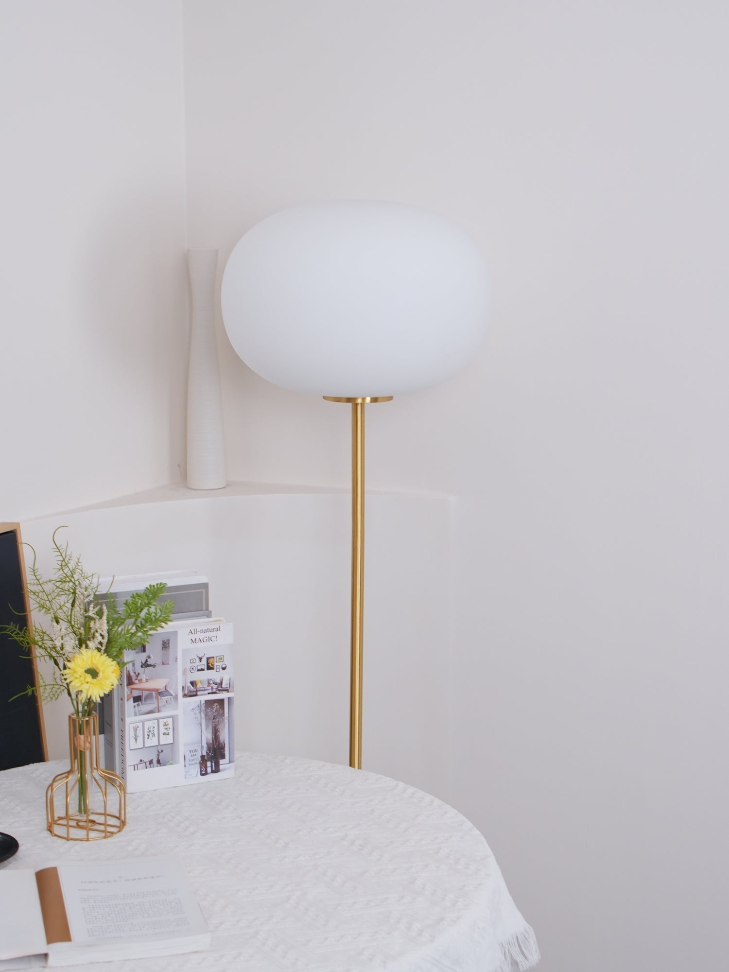 Modern Jwda Travertine Floor Lamp with Spherical Glass Globe and Yellow Stone Base