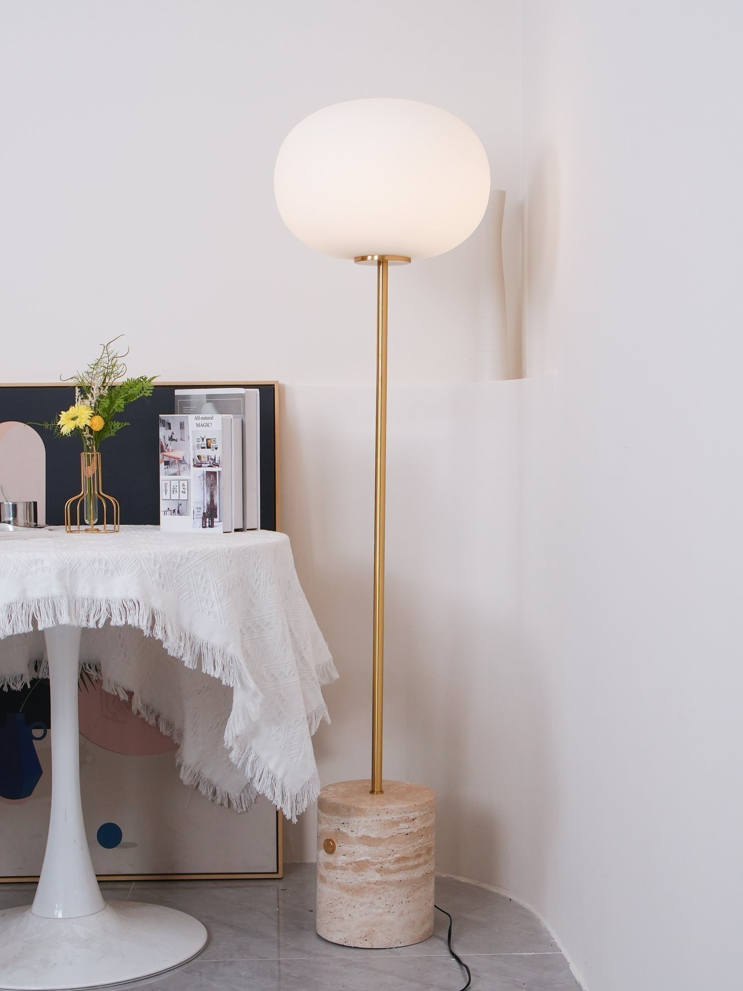 Modern Jwda Travertine Floor Lamp with Spherical Glass Globe and Yellow Stone Base