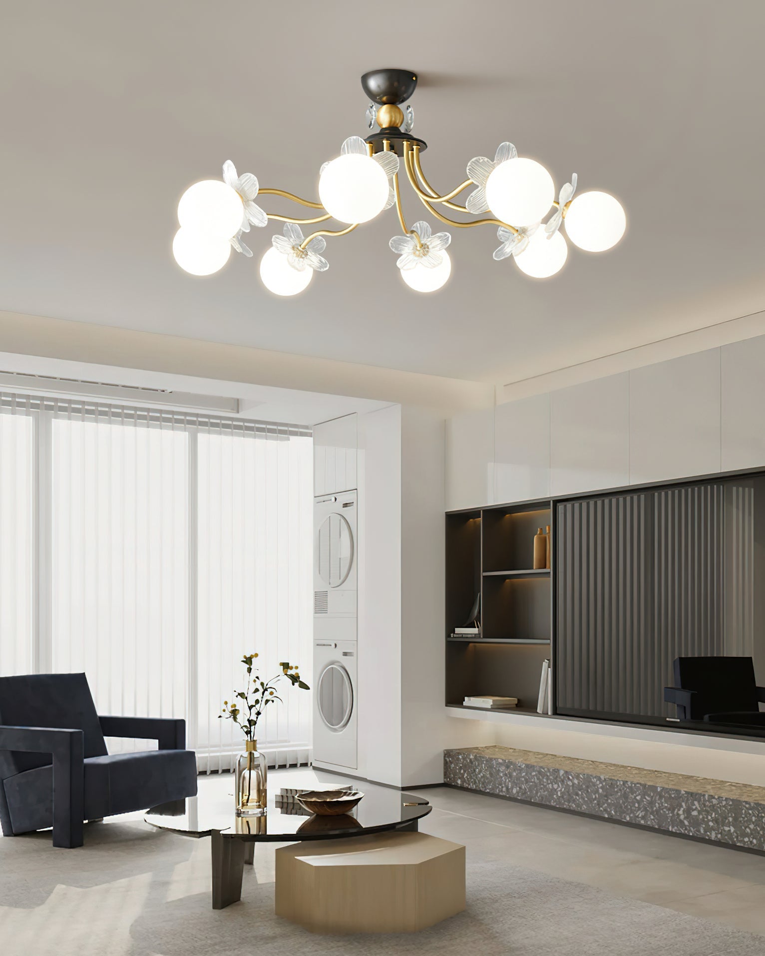 Modern Glass Blossom Petal Chandelier Floral Flush Mount Light with White Globes