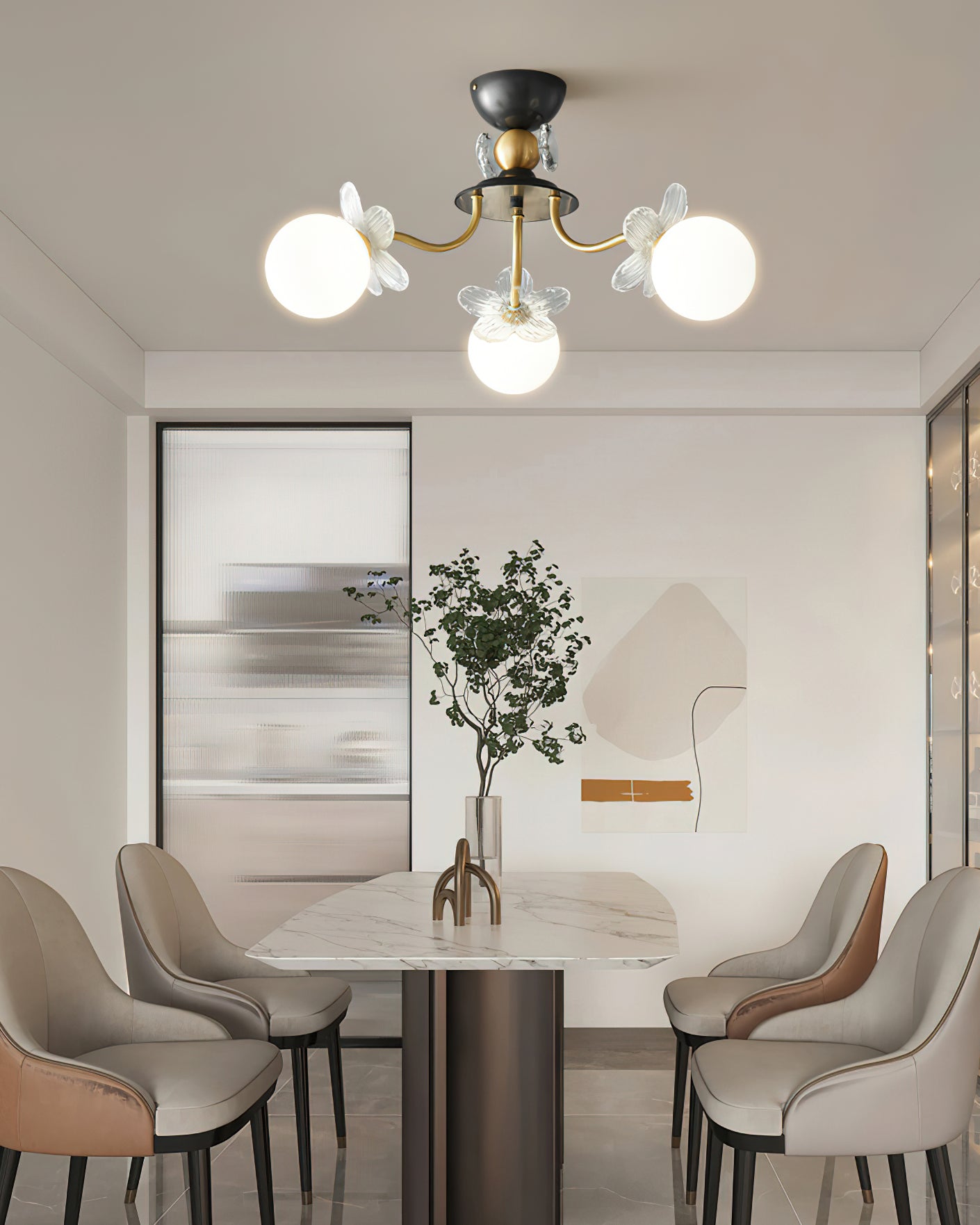 Modern Glass Blossom Petal Chandelier Floral Flush Mount Light with White Globes