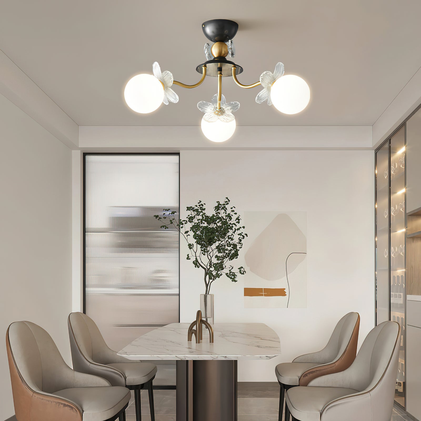 Modern Glass Blossom Petal Chandelier Floral Flush Mount Light with White Globes
