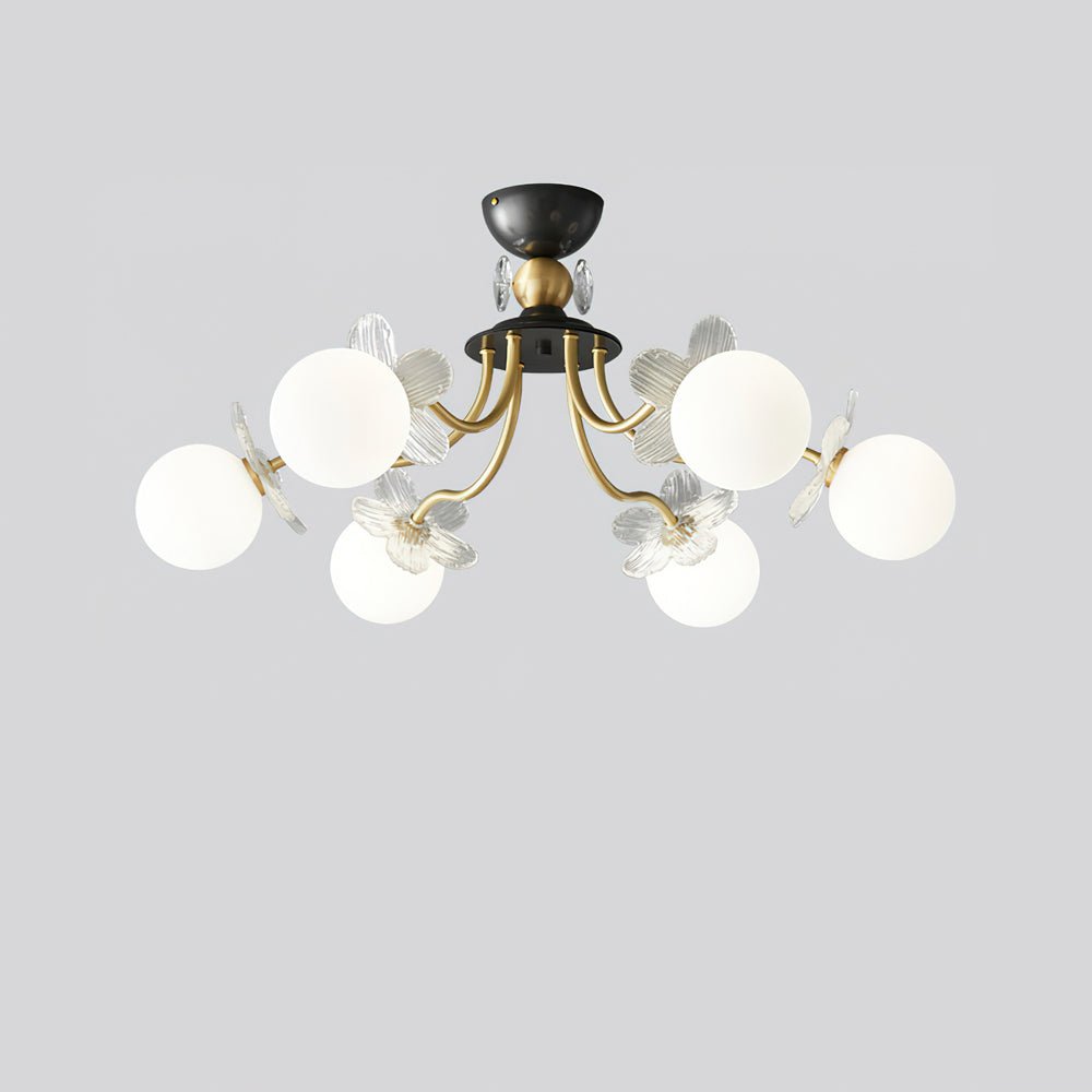 Modern Glass Blossom Petal Chandelier Floral Flush Mount Light with White Globes