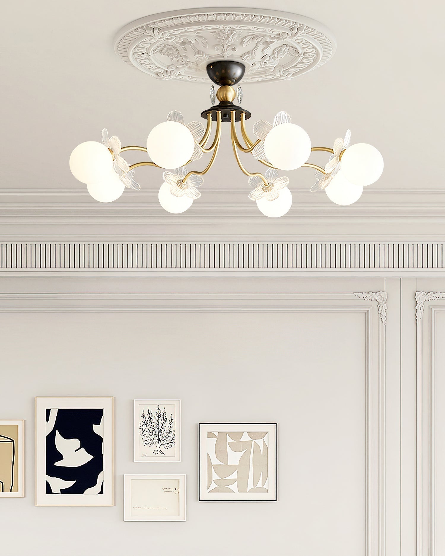 Modern Glass Blossom Petal Chandelier Floral Flush Mount Light with White Globes