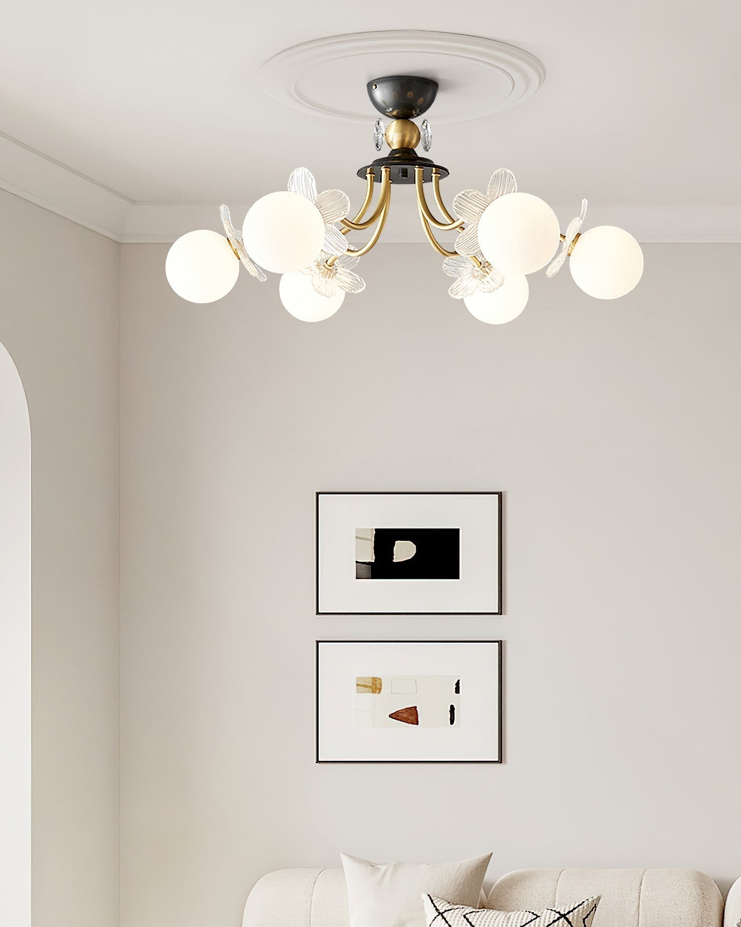 Modern Glass Blossom Petal Chandelier Floral Flush Mount Light with White Globes