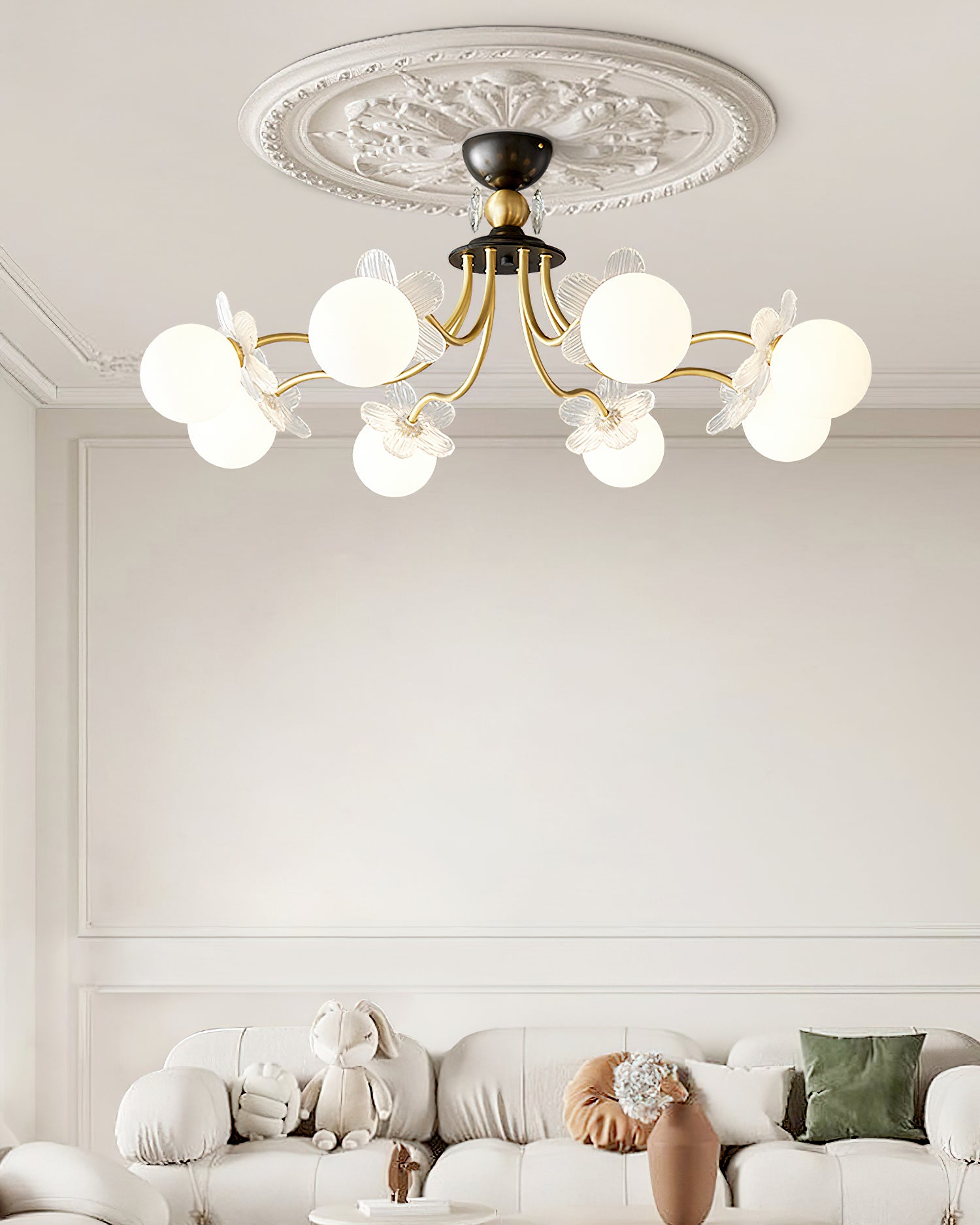 Modern Glass Blossom Petal Chandelier Floral Flush Mount Light with White Globes