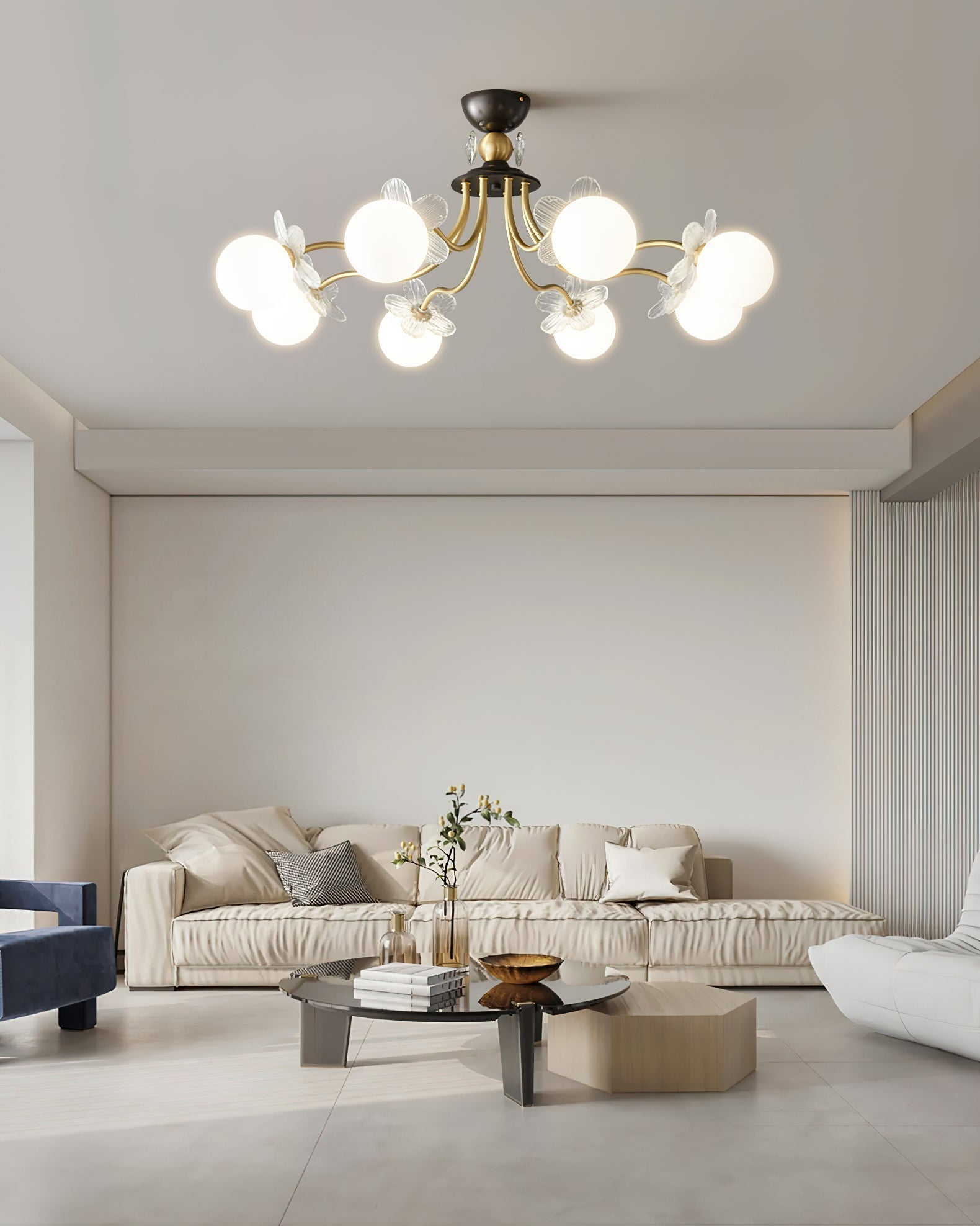 Modern Glass Blossom Petal Chandelier Floral Flush Mount Light with White Globes