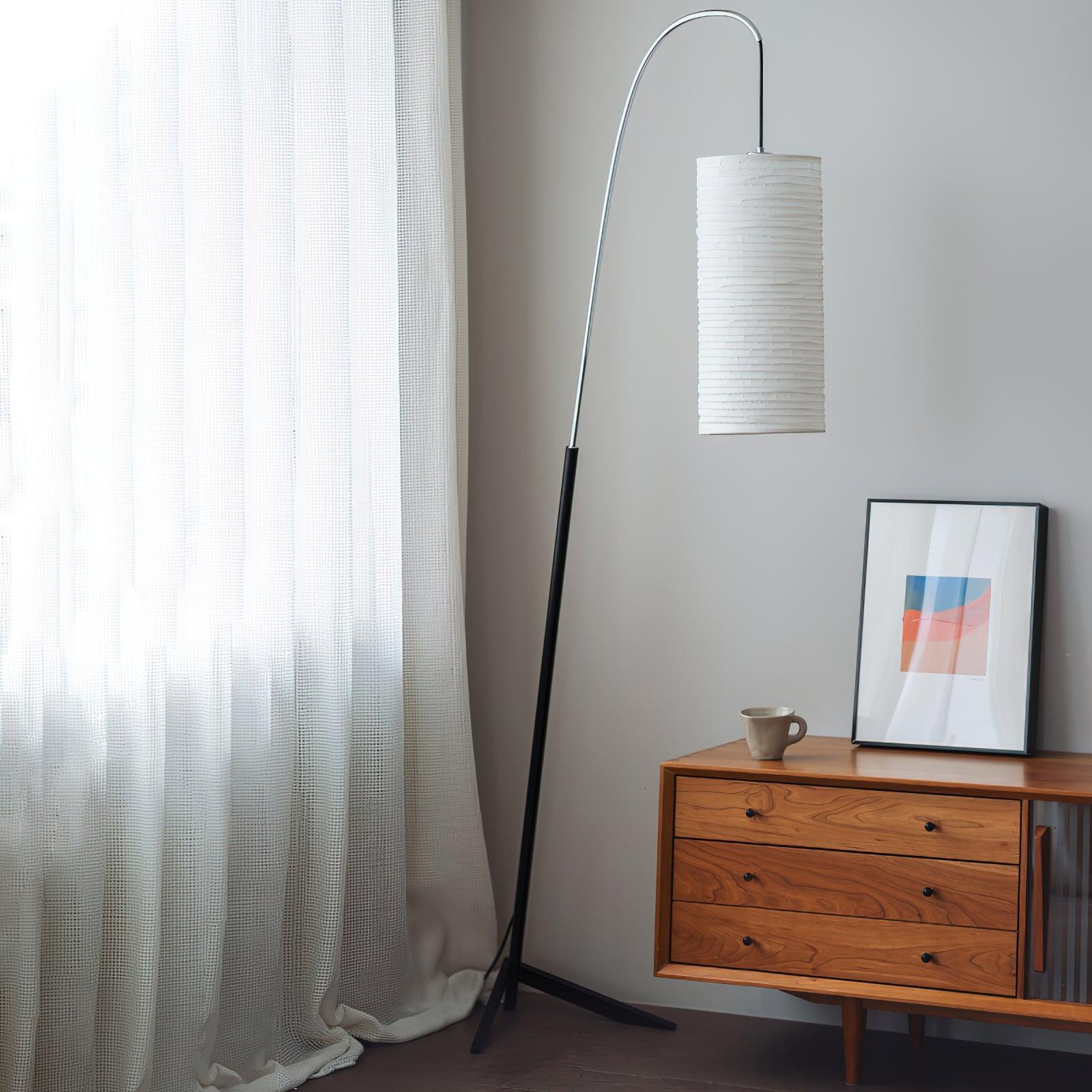 Modern Arched Kalmar Floor Lamp with Tissue Paper Shade and Chrome Finish