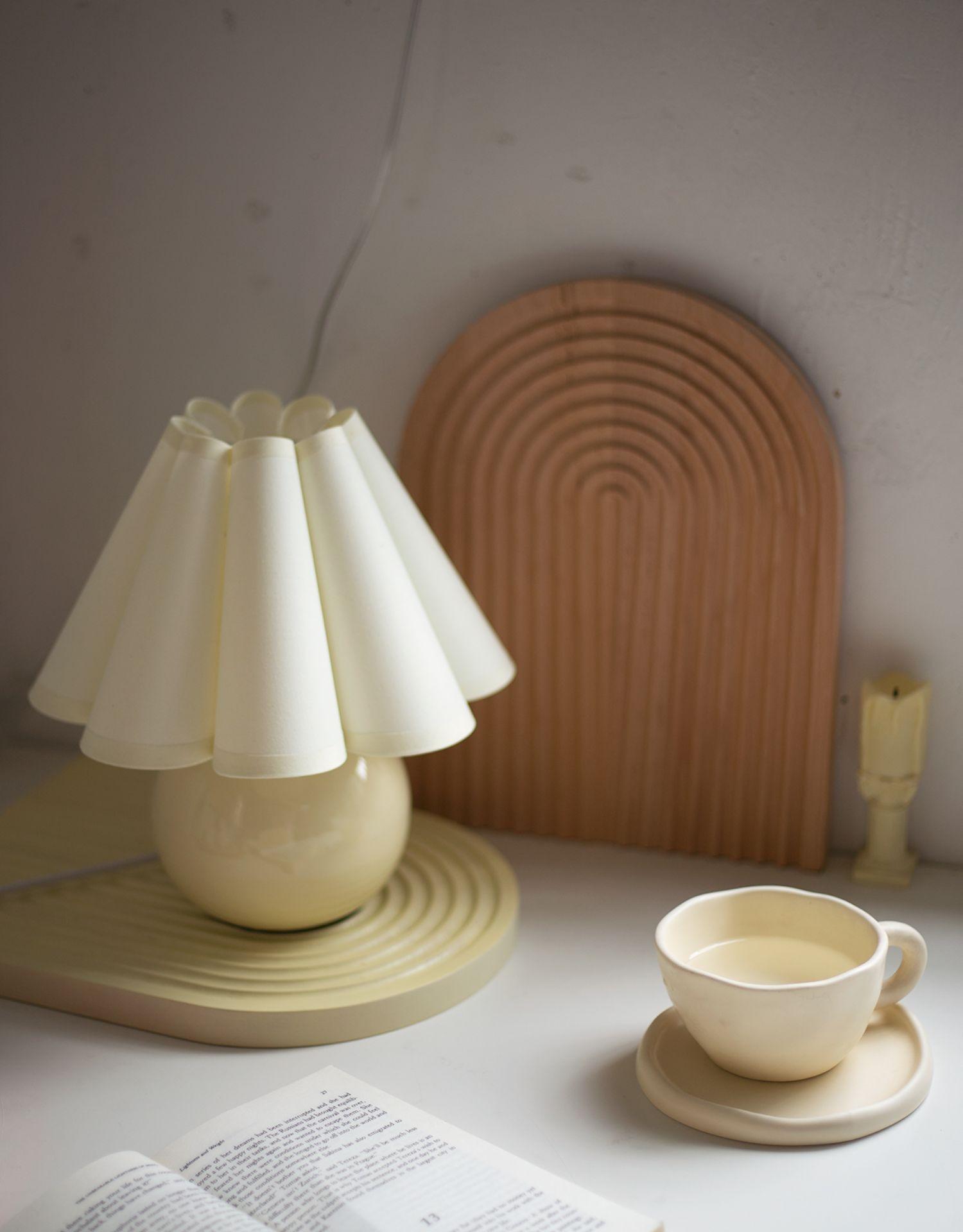 Vintage Ceramic Mushroom Table Lamp with Elegant Knife Pleat Linen Shade