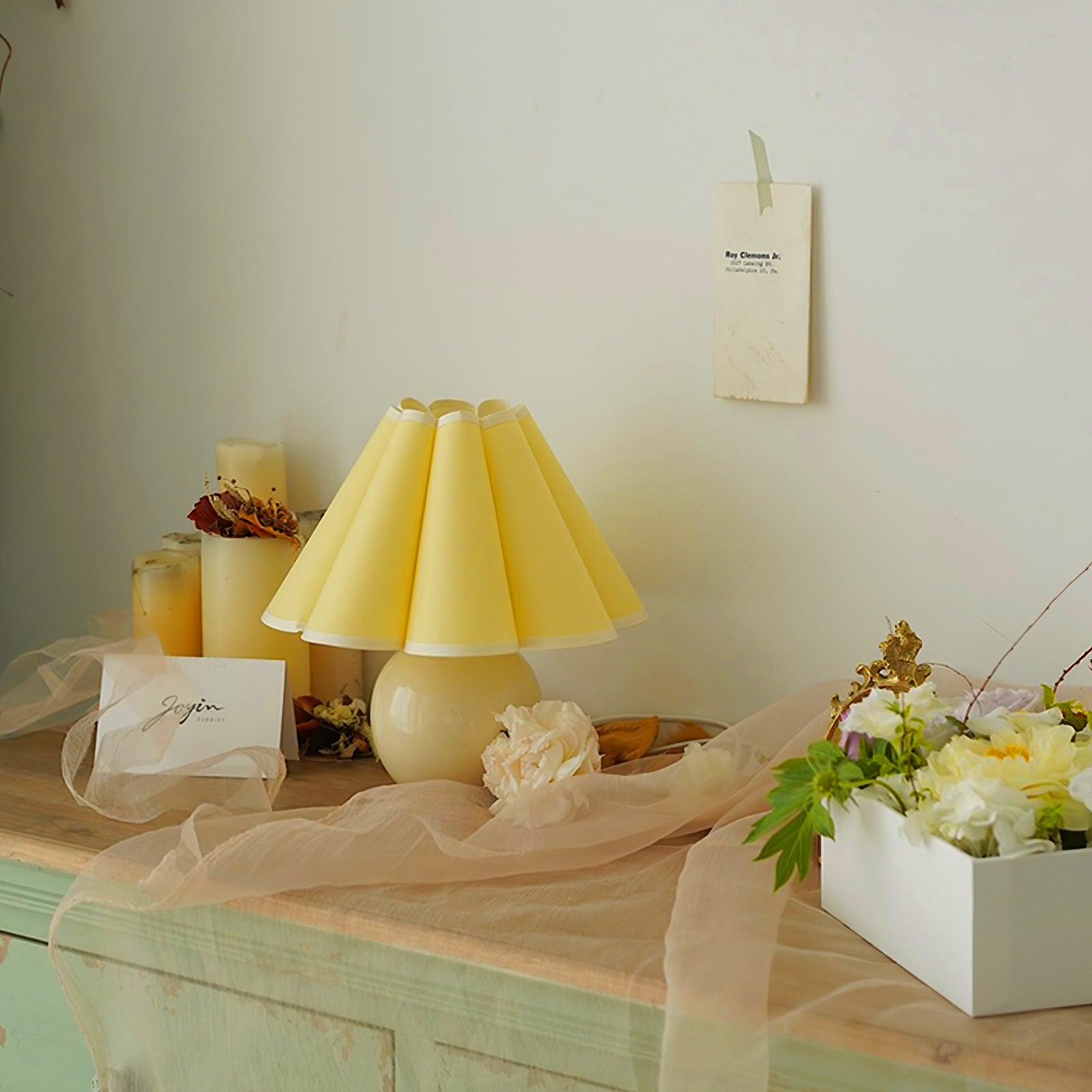 Vintage Ceramic Mushroom Table Lamp with Elegant Knife Pleat Linen Shade