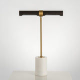 Elegant Gold Metal and Brown Leather Nightstand Table Lamp with White Marble Base