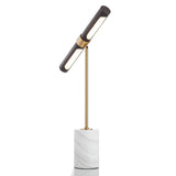 Elegant Gold Metal and Brown Leather Nightstand Table Lamp with White Marble Base