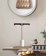 Elegant Gold Metal and Brown Leather Nightstand Table Lamp with White Marble Base
