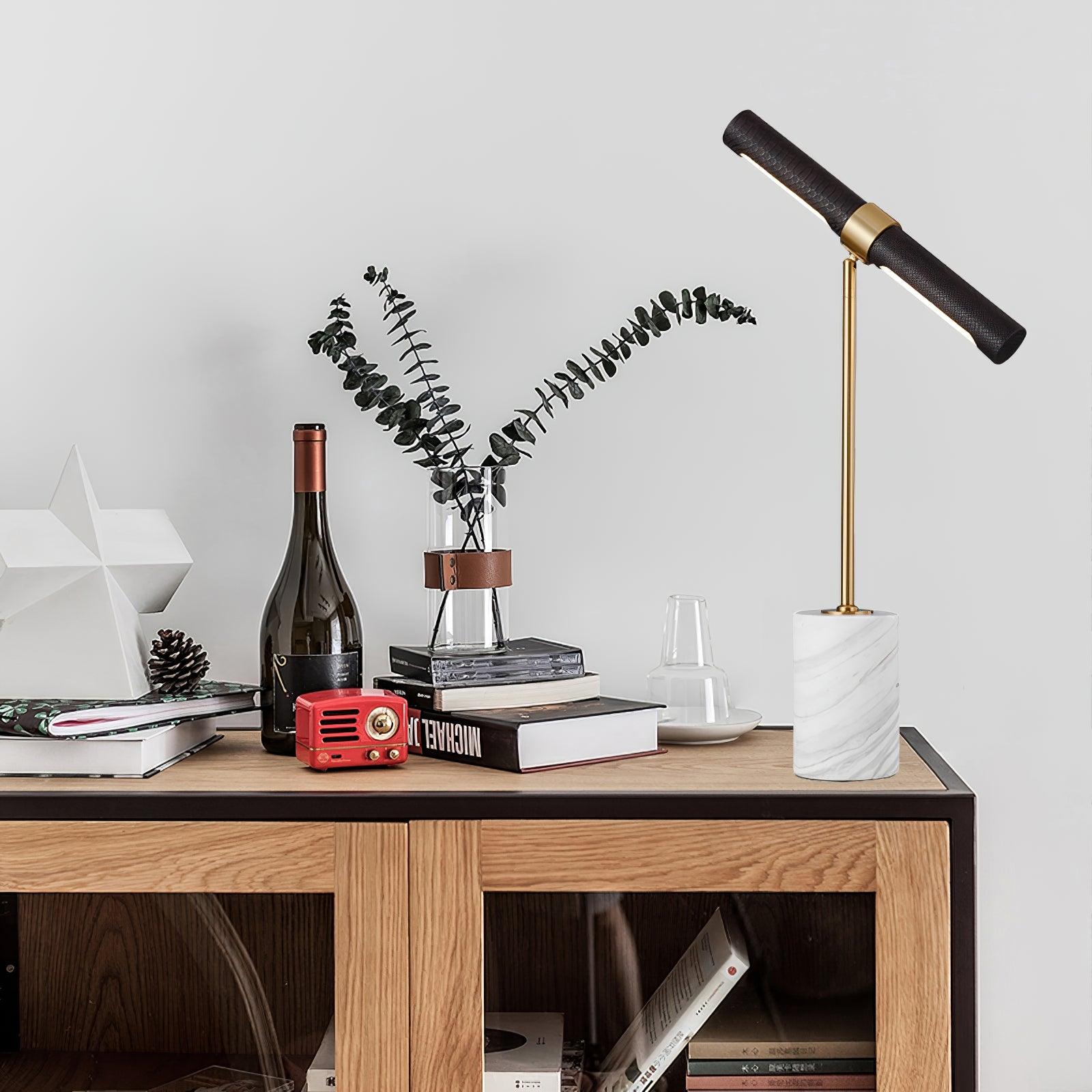 Elegant Gold Metal and Brown Leather Nightstand Table Lamp with White Marble Base