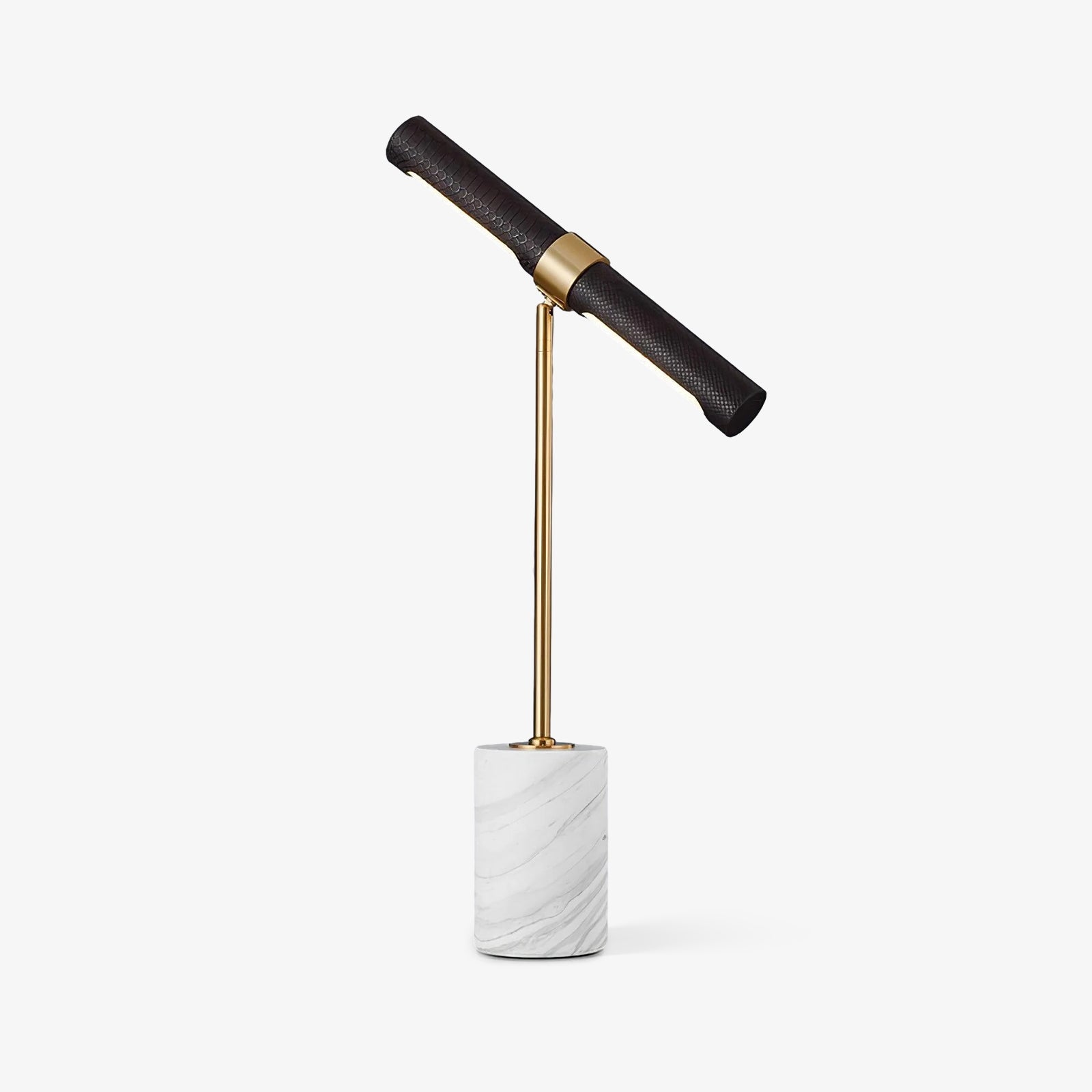 Elegant Gold Metal and Brown Leather Nightstand Table Lamp with White Marble Base