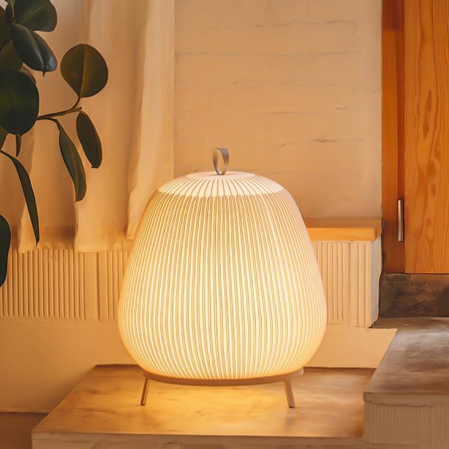 Modern Lantern Knit LED Table Lamp with Fabric Shade and Stepless Dimming