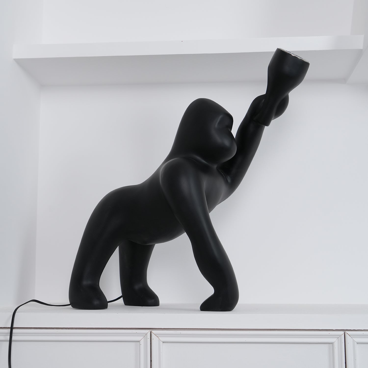Modern Kong Figurative Monkey Floor Lamp with Adjustable Arm and Matte Black Finish