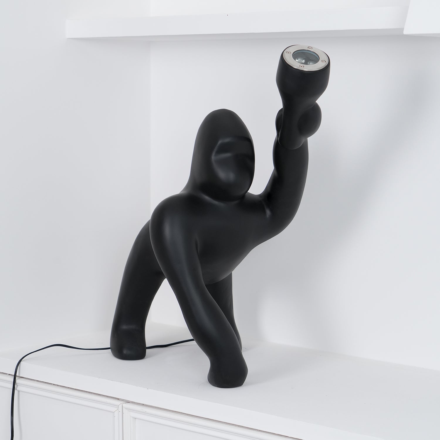 Modern Kong Figurative Monkey Floor Lamp with Adjustable Arm and Matte Black Finish