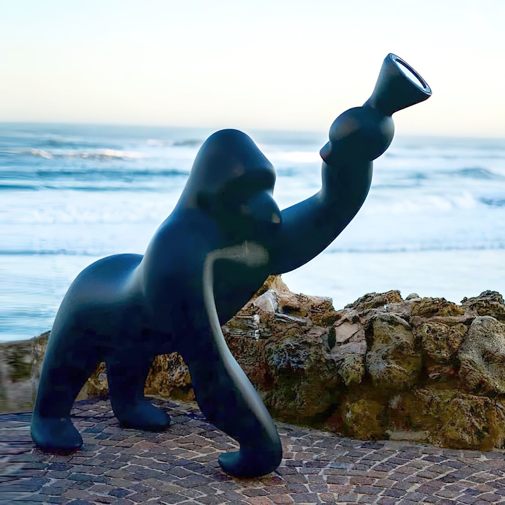 Modern Kong Figurative Monkey Floor Lamp with Adjustable Arm and Matte Black Finish