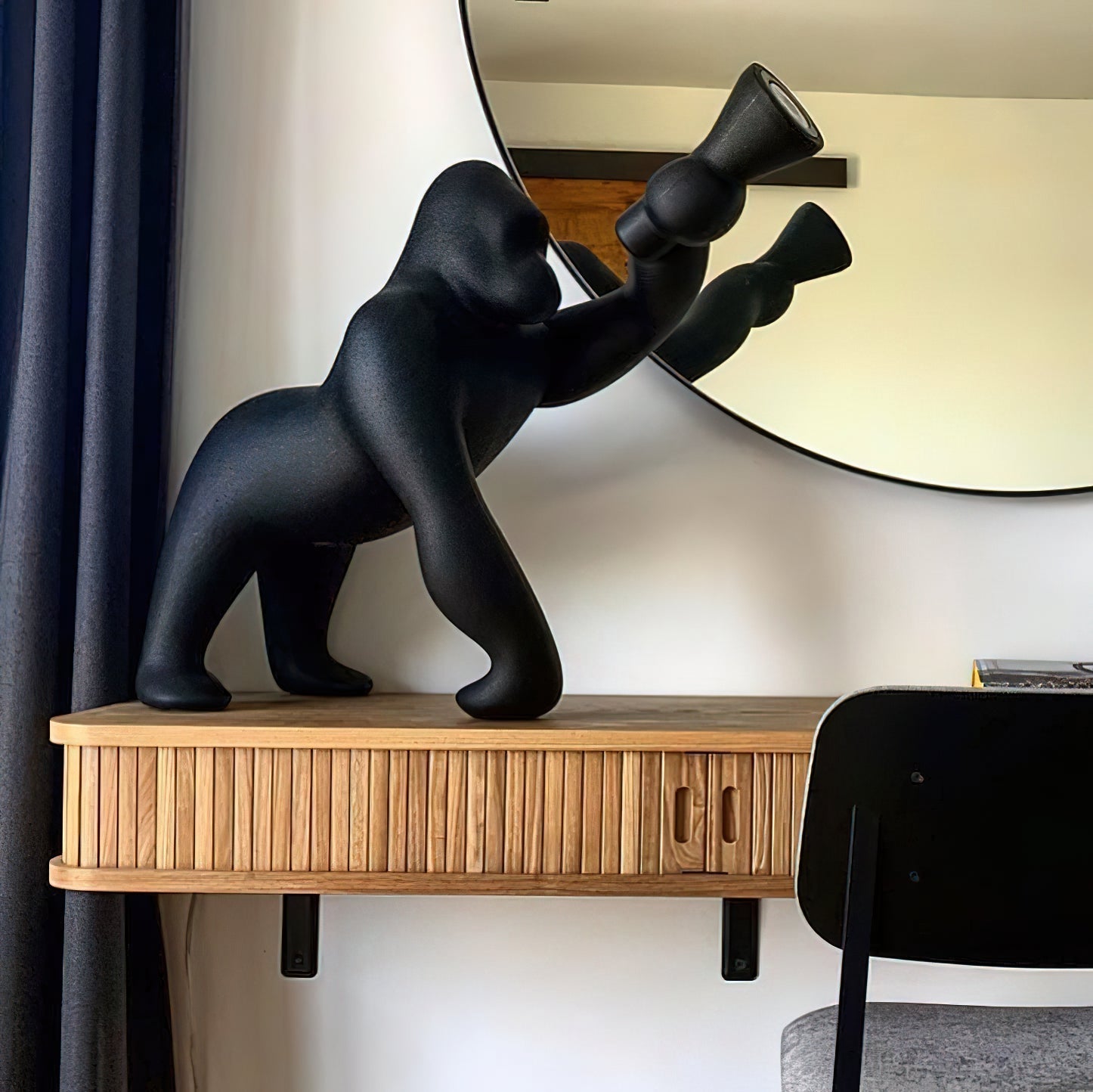 Modern Kong Figurative Monkey Floor Lamp with Adjustable Arm and Matte Black Finish