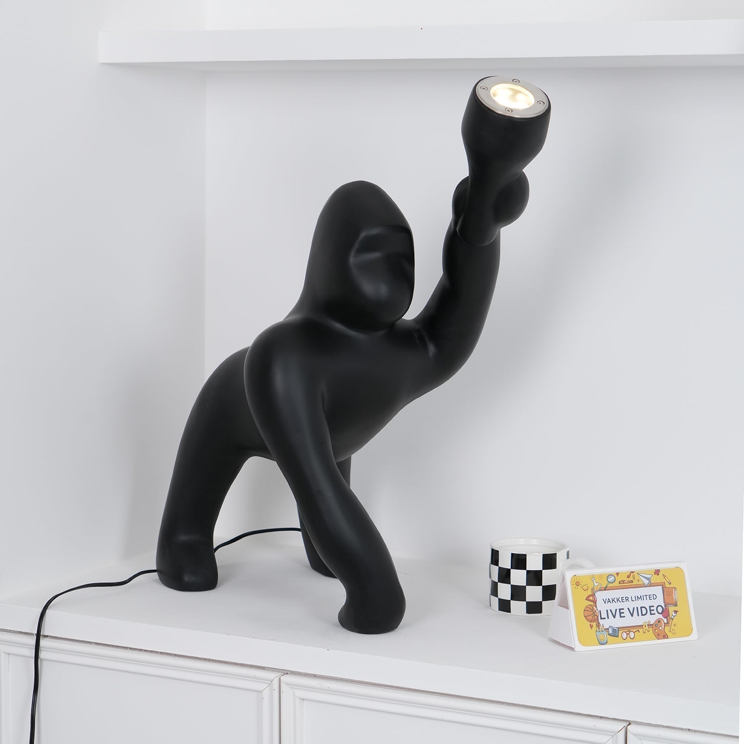Modern Kong Figurative Monkey Floor Lamp with Adjustable Arm and Matte Black Finish
