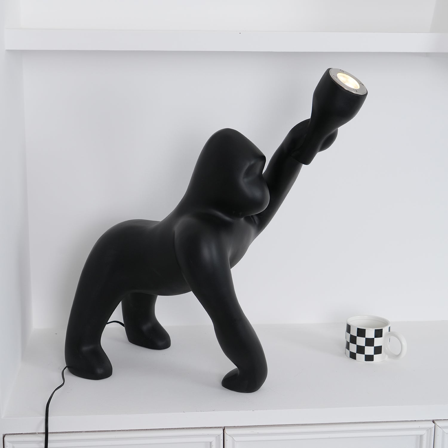 Modern Kong Figurative Monkey Floor Lamp with Adjustable Arm and Matte Black Finish