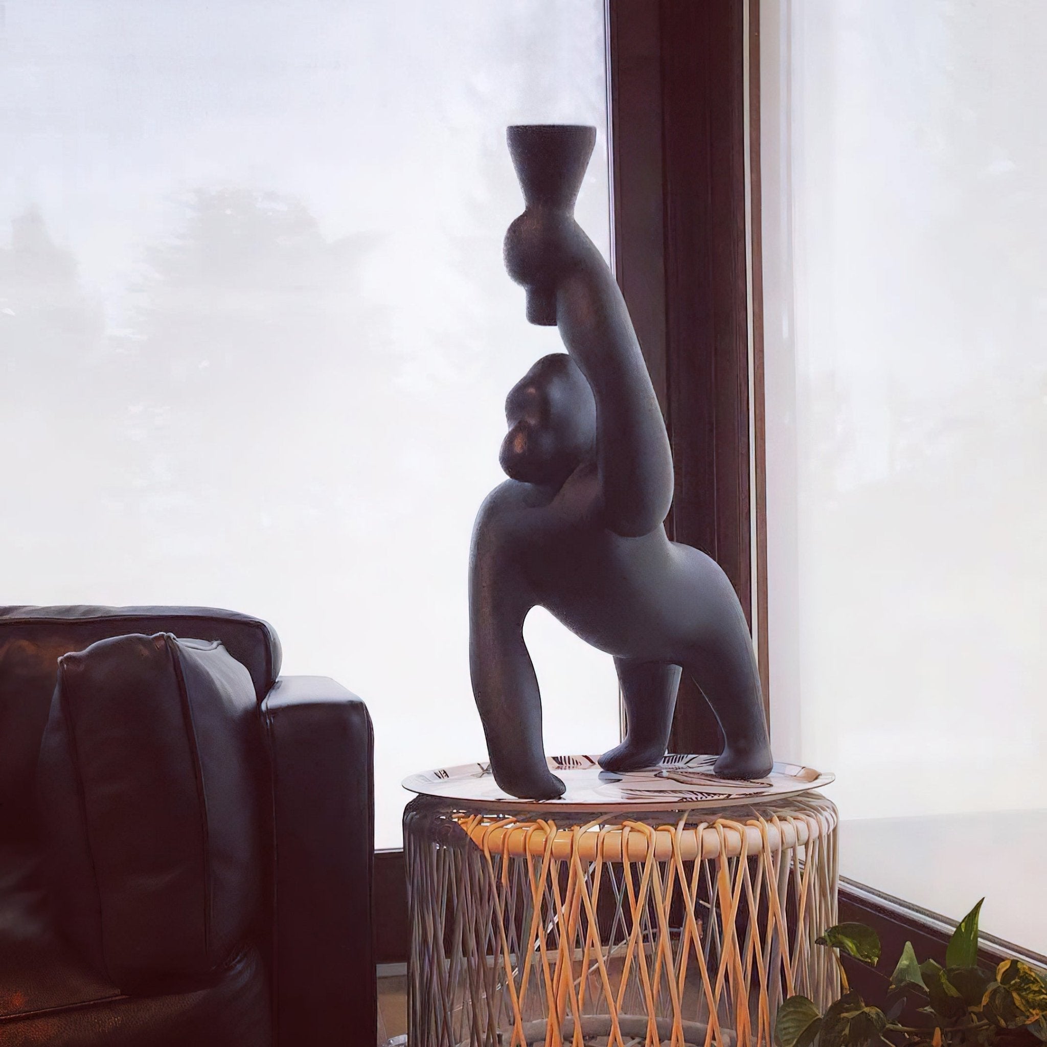 Modern Kong Figurative Monkey Floor Lamp with Adjustable Arm and Matte Black Finish
